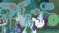 Size: 1280x720 | Tagged: safe, screencap, mean rarity, pony, unicorn, g4, the mean 6, boots, canteen, clone, compass, crazy face, crazy grin, crosscut saw, everfree forest, faic, female, fishing rod, floppy ears, glowing horn, greedity, grin, horn, levitation, magic, magic aura, mallet, mare, messy mane, saw, scissors, shoes, shrunken pupils, sin of greed, smiling, spyglass, telekinesis