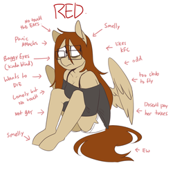 Size: 850x836 | Tagged: safe, artist:redxbacon, oc, oc only, oc:red stroke, pegasus, anthro, unguligrade anthro, anthro oc, bags under eyes, clothes, glasses, not gay, reference sheet, self deprecation, simple background, smelly, solo, tax evasion, taxes, white background