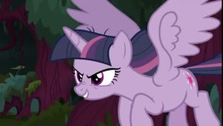 Size: 1280x720 | Tagged: safe, screencap, mean twilight sparkle, alicorn, pony, g4, the mean 6, clone, everfree forest, evil grin, female, flying, grin, nose wrinkle, plotting, scary face, scheming, smiling, wings