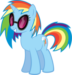 Size: 3846x4000 | Tagged: safe, artist:namelesshero2222, color edit, edit, dj pon-3, rainbow dash, vinyl scratch, pony, g4, alternate hairstyle, colored, cutie mark, female, high res, race swap, recolor, simple background, smiling, solo, sunglasses, teeth, transparent background, unicorn rainbow dash, vector, vinyl's glasses