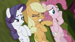 Size: 1280x720 | Tagged: safe, screencap, mean applejack, mean pinkie pie, mean rarity, g4, the mean 6, cheek squish, clone, discovery family logo, everfree forest, female, on back, squishy cheeks