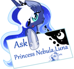 Size: 890x826 | Tagged: safe, artist:sugaryicecreammlp, princess luna, alicorn, pony, ask nebula luna, g4, alternate design, ask, blue background, female, mare, simple background, slender, solo, text, thin, transparent background, tumblr, white-haired luna