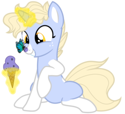 Size: 3500x3200 | Tagged: safe, artist:cheezedoodle96, oc, oc only, oc:nootaz, butterfly, pony, unicorn, g4, .svg available, butterfly on nose, coat markings, cute, eye contact, female, food, freckles, glowing horn, high res, horn, ice cream, ice cream cone, insect on nose, levitation, looking at each other, magic, magic aura, mare, nootabetes, ocbetes, show accurate, silly, silly pony, simple background, sitting, smiling, socks (coat markings), svg, telekinesis, transparent background, vector