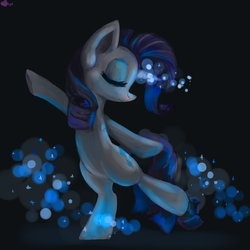 Size: 2000x2000 | Tagged: safe, artist:ami-gami, rarity, pony, unicorn, g4, black background, eyes closed, female, glowing horn, high res, horn, magic, mare, simple background, solo, standing, standing on one leg