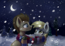 Size: 1700x1200 | Tagged: safe, artist:ami-gami, derpy hooves, doctor whooves, time turner, g4, clothes, crescent moon, female, male, moon, night, scarf, shared clothing, shared scarf, ship:doctorderpy, shipping, snow, straight, tree