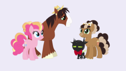 Size: 1237x703 | Tagged: safe, artist:fidgett-foott, pinkie pie, trouble shoes, changeling, earth pony, pony, g4, adopted offspring, family, female, male, offspring, parent:pinkie pie, parent:trouble shoes, parents:trouble pie, shipping, straight, trouble pie, unshorn fetlocks