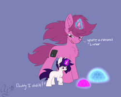 Size: 1280x1024 | Tagged: safe, artist:aurorafang, oc, oc:aurorafang, oc:lunarflare, pony, unicorn, barrier, colt, dialogue, father and son, magic, male, simple background, stallion