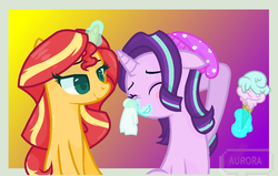 Size: 1055x669 | Tagged: safe, artist:crystalllight, starlight glimmer, sunset shimmer, pony, unicorn, equestria girls, equestria girls specials, g4, mirror magic, rarity investigates, beanie, clothes, equestria girls outfit, equestria girls ponified, female, food, hat, ice cream, lesbian, ponified, ship:shimmerglimmer, shipping, that pony sure does love ice cream