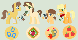 Size: 1376x708 | Tagged: safe, artist:crystalllight, applejack, caramel, oc, earth pony, pony, g4, colored pupils, colt, family, female, green background, hatless, male, missing accessory, neckerchief, offspring, parent:applejack, parent:caramel, parents:carajack, reference sheet, ship:carajack, shipping, simple background, stallion, straight
