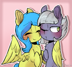 Size: 800x746 | Tagged: safe, artist:urbanqhoul, limestone pie, oc, oc:sellie, earth pony, pegasus, pony, g4, :t, blushing, canon x oc, female, happy, hug, lesbian, shipping, smiling, winghug