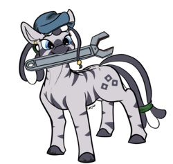 Size: 3144x2980 | Tagged: safe, artist:greyscaleart, oc, oc only, oc:carjack, pony, zebra, cute, dirty, female, grin, hat, high res, mare, mouth hold, ocbetes, simple background, smiling, solo, transparent background, wrench, zebra oc