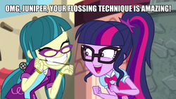 Size: 1080x607 | Tagged: safe, edit, edited screencap, screencap, juniper montage, twilight sparkle, equestria girls, equestria girls specials, g4, my little pony equestria girls: movie magic, dialogue, flossing, geode of telekinesis, image macro, magical geodes, meme