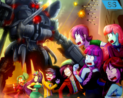 Size: 1560x1240 | Tagged: safe, artist:the-butch-x, blueberry cake, garden grove, indigo wreath, melon mint, microchips, mystery mint, normal norman, velvet sky, equestria girls, g4, background human, bayformers, blackout (decepticon), clothes, commission, crossover, crystal prep academy uniform, decepticon, hasbro, michael bay, open mouth, scared, school uniform, screaming, transformers, war