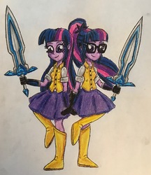 Size: 2172x2517 | Tagged: safe, artist:bozzerkazooers, sci-twi, twilight sparkle, equestria girls, g4, boots, clothes, glasses, high res, looking at you, ponytail, raised hoof, self paradox, shoes, simple background, skirt, sword, traditional art, twilight sparkle (alicorn), twolight, weapon, white background