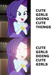 Size: 591x800 | Tagged: safe, rarity, equestria girls, equestria girls specials, g4, my little pony equestria girls: movie magic, caption, comic, female, glowing eyes, glowing eyes meme, image macro, implied sex, innuendo, lesbian, meme, omae wa mou shindeiru, text, woke