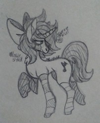 Size: 883x1095 | Tagged: safe, artist:sucreskull, oc, oc only, oc:mable syrup, pony, unicorn, blind, bow, clothes, full body, socks, solo, striped socks, traditional art