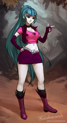 Size: 1100x2013 | Tagged: safe, artist:tarakanovich, sonata dusk, equestria girls, g4, my little pony equestria girls: rainbow rocks, beautiful, belly button, boots, breasts, busty sonata dusk, clothes, curvy, evening gloves, female, finger gun, fingerless elbow gloves, gloves, hand on hip, hourglass figure, long gloves, long hair, midriff, miniskirt, ponytail, shoes, side slit, skirt, smiling, solo, thighs, vest