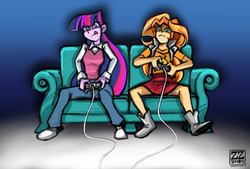Size: 3496x2362 | Tagged: safe, artist:zenzmurfy, sunset shimmer, twilight sparkle, equestria girls, g4, boots, clothes, couch, female, gamer sunset, high res, hilarious in hindsight, leather, leather vest, miniskirt, pants, shoes, sitting, skirt, tongue out