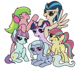 Size: 1024x952 | Tagged: safe, artist:hopefuldragon, indigo zap, lemon zest, sci-twi, sour sweet, sugarcoat, sunny flare, twilight sparkle, earth pony, pegasus, pony, unicorn, equestria girls, g4, crystal prep shadowbolts, equestria girls ponified, glasses, headphones, looking at you, mane six opening poses, ponified, raised hoof, shadow five, shadow six, simple background, transparent background, unicorn sci-twi
