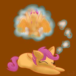 Size: 1200x1200 | Tagged: safe, artist:sixes&sevens, derpibooru exclusive, scootaloo, pegasus, pony, g4, cute, cutealoo, dream, female, filly, scootaloo can fly, simple background, sleeping, smiling, solo