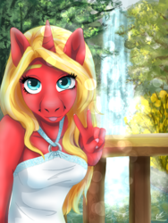 Size: 1932x2576 | Tagged: safe, artist:eve bradford, oc, oc only, oc:scarlet rose, unicorn, anthro, anthro oc, blonde, blue eyes, female, looking at camera, mare, selfie, solo, speedpaint available, tongue out, vacation, waterfall