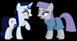 Size: 1024x554 | Tagged: safe, maud pie, moonlight raven, earth pony, pony, g4, black background, goth, raised eyebrow, raised hoof, similarities, simple background