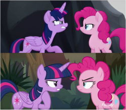 Size: 1608x1410 | Tagged: safe, screencap, pinkie pie, twilight sparkle, alicorn, pony, g4, my little pony: the movie, the mean 6, angry, argument, comparison, twilight sparkle (alicorn)