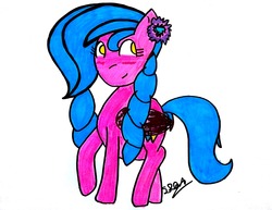 Size: 3180x2452 | Tagged: safe, artist:superdavid2011, oc, oc only, oc:sophia, pegasus, pony, blue mane, blushing, female, flower, high res, looking right, pink coat, signature, smiling, solo, traditional art, yellow eyes