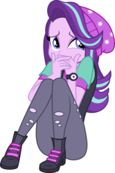 Size: 3745x5646 | Tagged: safe, artist:theartsyemporium, starlight glimmer, human, equestria girls, equestria girls specials, g4, my little pony equestria girls: mirror magic, .svg available, beanie, clothes, covering mouth, cute, female, glimmer glutes, hat, pants, pony coloring, scared, scaredy glimmer, simple background, sitting, solo, torn clothes, transparent background, vector, watch, wristwatch