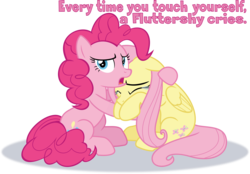 Size: 2200x1532 | Tagged: safe, artist:phucknuckl, fluttershy, pinkie pie, pony, g4, the mean 6, crying, dialogue, female, inkscape, lies, looking at you, mare, op is a duck, op is trying to start shit, sad, simple background, transparent background, vector