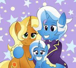 Size: 2275x2034 | Tagged: safe, artist:poseidonathenea, jack pot, sunflower spectacle, trixie, pony, unicorn, g4, abstract background, couple, cute, diatrixes, family, family photo, female, filly, filly trixie, high res, male, ship:jacktacle, shipping, smiling, straight, trio, trixie's family, trixie's parents, younger