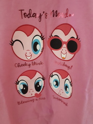Size: 4608x3456 | Tagged: safe, pinkie pie, g4, blowing a kiss, clothes, emotions, heart, irl, one eye closed, photo, shirt, smiling, sunglasses, surprised, t shirt design, wink