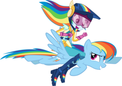 Size: 6912x4868 | Tagged: safe, artist:famousmari5, rainbow dash, human, pegasus, pony, equestria girls, friendship games bloopers, g4, my little pony equestria girls: friendship games, official, absurd resolution, awesome, blooper, butt wings, clothes, cute, dashabetes, duality, flying, helmet, human ponidox, humans riding ponies, looking at each other, looking back, open mouth, pants, rainbow dash always dresses in style, riding, riding a pony, self paradox, self ponidox, self riding, simple background, transparent background, vector, visor