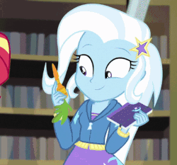 Size: 407x379 | Tagged: safe, screencap, sunset shimmer, trixie, equestria girls, equestria girls specials, g4, my little pony equestria girls: better together, my little pony equestria girls: forgotten friendship, animated, bugs bunny, carrot, clothes, cropped, cute, diatrixes, eating, female, food, gif, male, sweater