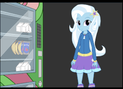 Size: 500x364 | Tagged: artist needed, safe, trixie, equestria girls, g4, animated, cookie, female, food, gif, teleportation, vending machine