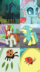 Size: 1052x1890 | Tagged: safe, screencap, crackle cosette, ocellus, queen chrysalis, changedling, changeling, changeling queen, earth pony, ladybug, pony, unicorn, g4, school daze, the mean 6, comparison, cropped, cutie mark, disguise, disguised changeling, female, glowing horn, headcanon in the comments, horn, magic, mare, mommy chrissy, photo, pony ocellus, possible relation, slowpoke, telekinesis