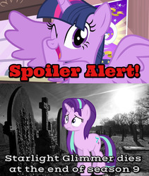 Size: 1680x1995 | Tagged: safe, edit, edited screencap, screencap, starlight glimmer, twilight sparkle, alicorn, pony, all bottled up, g4, season 9, three's a crowd, abuse, description is relevant, downvote bait, end of ponies, fake, false spoiler, glimmerbuse, gravestone, graveyard, one eye closed, op is a duck, op is trying to start shit, sad, sadlight glimmer, speculation, spoiler alert, spread wings, starlight drama, twilight sparkle (alicorn), wingboner, wings, wink