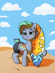 Size: 1911x2542 | Tagged: safe, artist:pabbley, oc, oc only, oc:kahuna, earth pony, octopus, pony, beach, clothes, cloud, compression shorts, female, mare, sand, sky, solo, surfboard, tank top, water