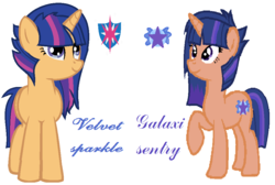 Size: 966x651 | Tagged: safe, artist:velvetsparkleyt, oc, oc only, oc:galaxi sentry, oc:velvet sparkle, alicorn, pegasus, pony, alicorn oc, digital art, duo, female, mare, next generation, offspring, parent:flash sentry, parent:twilight sparkle, parents:flashlight, simple background, white background