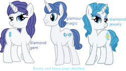 Size: 970x550 | Tagged: safe, artist:velvetsparkleyt, oc, oc only, oc:diamond gem, oc:diamond jewels, oc:glamour magic, pony, unicorn, digital art, female, mare, next generation, offspring, parent:fancypants, parent:rarity, parents:raripants, simple background, trio, white background