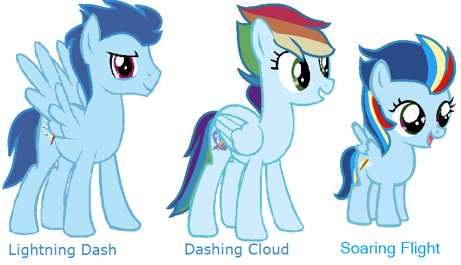 1757207 - safe, artist:velvetsparkleyt, oc, oc only, oc:dashing cloud, oc:lightning  dash, oc:soaring flight, pegasus, pony, digital art, female, mare, next  generation, offspring, parent:rainbow dash, parent:soarin',  parents:soarindash, simple ...