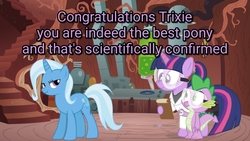 Size: 1190x670 | Tagged: safe, artist:dm29, edit, spike, trixie, twilight sparkle, dragon, pony, unicorn, g4, best pony, clothes, goggles, golden oaks library, image macro, lab coat, laboratory, meme, science, smug, stairs, stopwatch, text