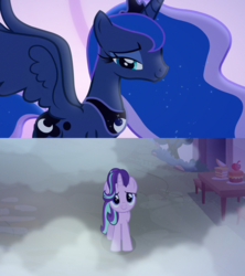 Size: 1280x1440 | Tagged: safe, edit, screencap, princess luna, starlight glimmer, g4, to where and back again, cake, dream, dream walker luna, fog, food, looking down, looking up, moon, our town, plant, smiling, table