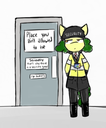 Size: 724x874 | Tagged: safe, artist:paeonia-horse, oc, oc only, oc:paeonia green, earth pony, anthro, clothes, door, female, helmet, mare, security guard, solo