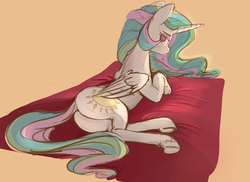 Size: 2275x1658 | Tagged: safe, artist:yoditax, princess celestia, alicorn, pony, g4, butt, carpet, dock, female, looking at you, looking back, lying down, on side, plot, solo, underhoof, unshorn fetlocks