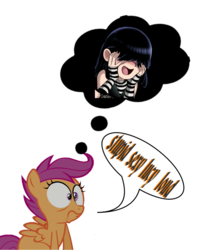 Size: 718x897 | Tagged: safe, artist:shadman, scootaloo, bird, chicken, g4, >shadman, lucy loud, meme, simple background, speech bubble, stupid sexy flanders, stupid sexy lucy loud, stupid sexy meme, the loud house, thought bubble, white background