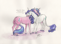 Size: 1024x744 | Tagged: safe, artist:sagastuff94, rarity, starlight glimmer, classical unicorn, pony, unicorn, g4, cloven hooves, comforting, crying, duo, female, hoers, horn, horses doing horse things, leonine tail, mare, neck hug, realistic anatomy, realistic horse legs, unshorn fetlocks