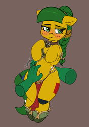 Size: 2152x3050 | Tagged: safe, artist:pabbley, oc, oc only, oc:anon, oc:blocky bits, earth pony, pony, belly button, bellyrubs, bikini, blushing, braid, chains, clothes, collar, commission, cute, descriptive noise, disembodied hand, female, hand, high res, hungry, mare, ocbetes, petting, simple background, slave leia outfit, star wars, swimsuit