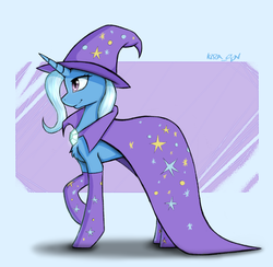 Size: 1366x1334 | Tagged: safe, artist:kirasunnight, trixie, pony, unicorn, g4, abstract background, cape, chest fluff, clothes, female, hat, mare, socks, solo, trixie's cape, trixie's hat