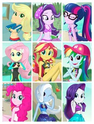 Size: 3106x4096 | Tagged: safe, artist:charliexe, applejack, fluttershy, pinkie pie, rainbow dash, rarity, sci-twi, starlight glimmer, sunset shimmer, trixie, twilight sparkle, equestria girls, equestria girls series, forgotten friendship, g4, clothes, cute, dashabetes, diapinkes, diatrixes, glimmerbetes, heart hands, humane five, humane six, jackabetes, looking at you, looking over shoulder, mane nine, one eye closed, raribetes, shimmerbetes, shyabetes, swimsuit, twiabetes, undressing, wetsuit